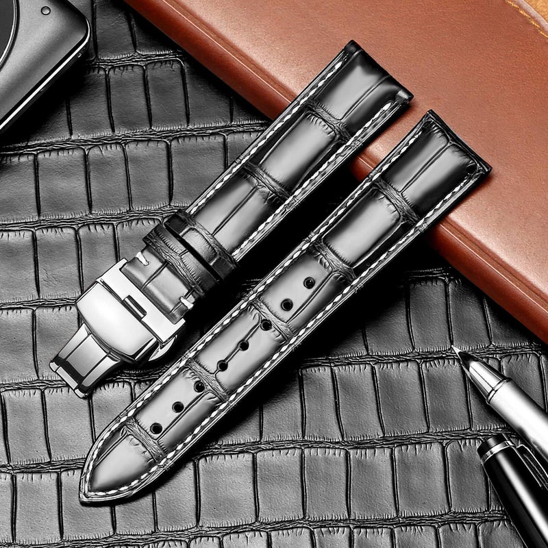 MORANO Moran Genuine Leather Band Alligator and Cowhide Replacement Deployment Buckle Watch strap18mm to 24mm Crocodile Leather Strap for Men's and Women's - Image 4